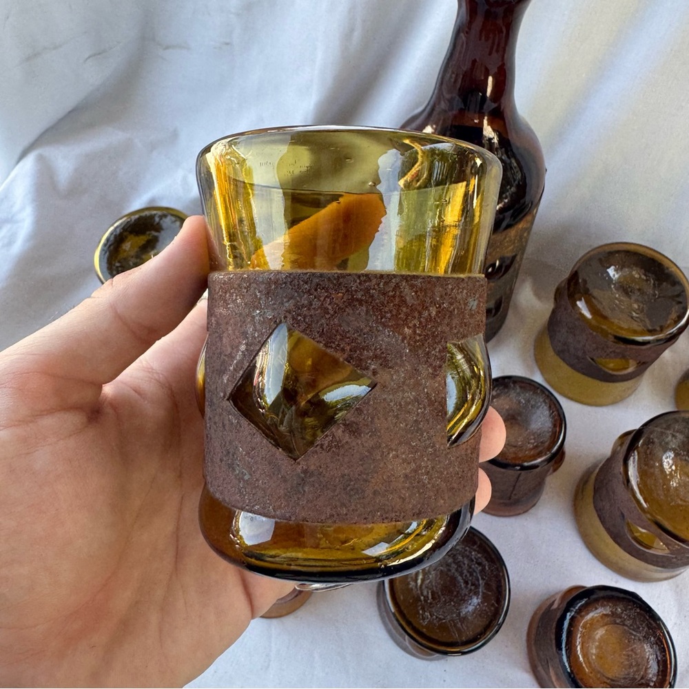 VINTAGE BRUTALIST FELIPE DERFLINGHER IMPRISONED GLASS DECANTER & GLASSES 12PCSET - Picture 9 of 13